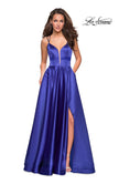 Picture of: Long Satin Formal Gown with Leg Slit and Strappy Back in Sapphire Blue, Style: 26994, Detail Picture 4