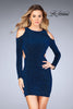 Picture of: Long Sleeve Short Dress with Shoulder Cut Outs in Sapphire Blue, Style: 25306, Detail Picture 1
