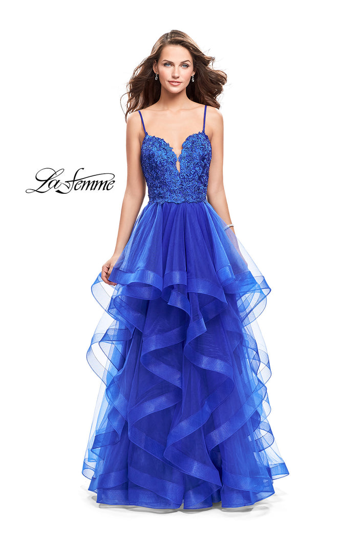Picture of: Long Ball Gown with Tulle Skirt and Beaded Lace Bodice in Sapphire Blue, Style: 25857, Main Picture