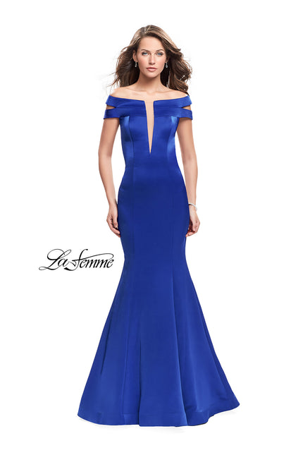 Picture of: Satin Off the Shoulder Mermaid Prom Dress with V Neck in Sapphire Blue, Style: 25903, Main Picture