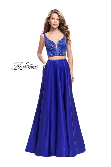 Picture of: Two Piece A-line Gown with Beading and Low Scoop Back in Sapphire Blue, Style: 25939, Main Picture
