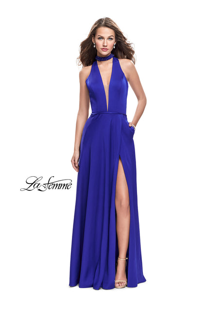 Picture of: Long Satin Prom Dress with Pockets and Beaded Choker in Sapphire Blue, Style: 26154, Main Picture