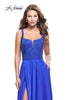 Picture of: Long Satin Prom Gown with Beaded Bodice and V Back in Sapphire Blue, Style: 26275, Main Picture