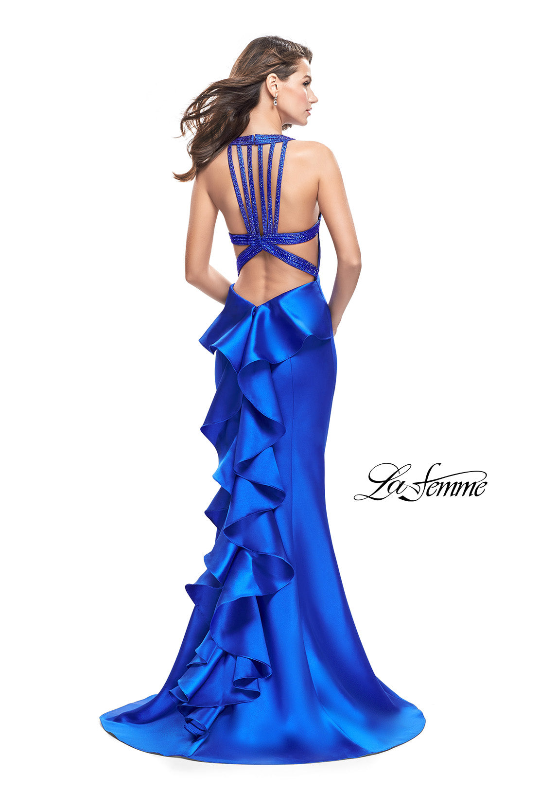 Picture of: Mikado Mermaid Dress with Embellished High Neckline in Sapphire Blue, Style: 25838, Back Picture