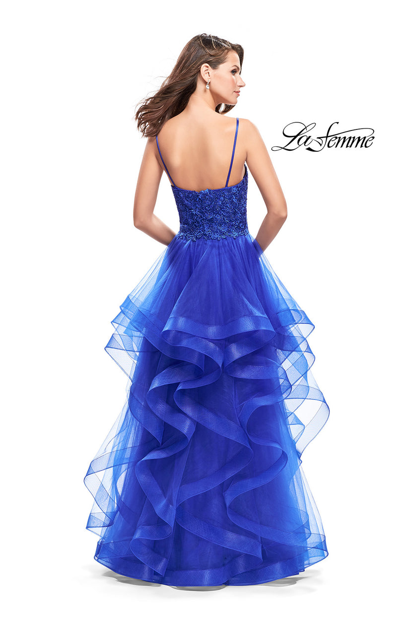 Picture of: Long Ball Gown with Tulle Skirt and Beaded Lace Bodice in Sapphire Blue, Style: 25857, Back Picture