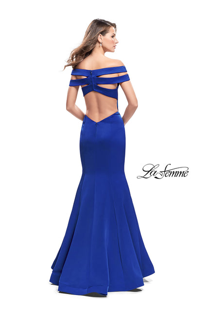 Picture of: Satin Off the Shoulder Mermaid Prom Dress with V Neck in Sapphire Blue, Style: 25903, Back Picture