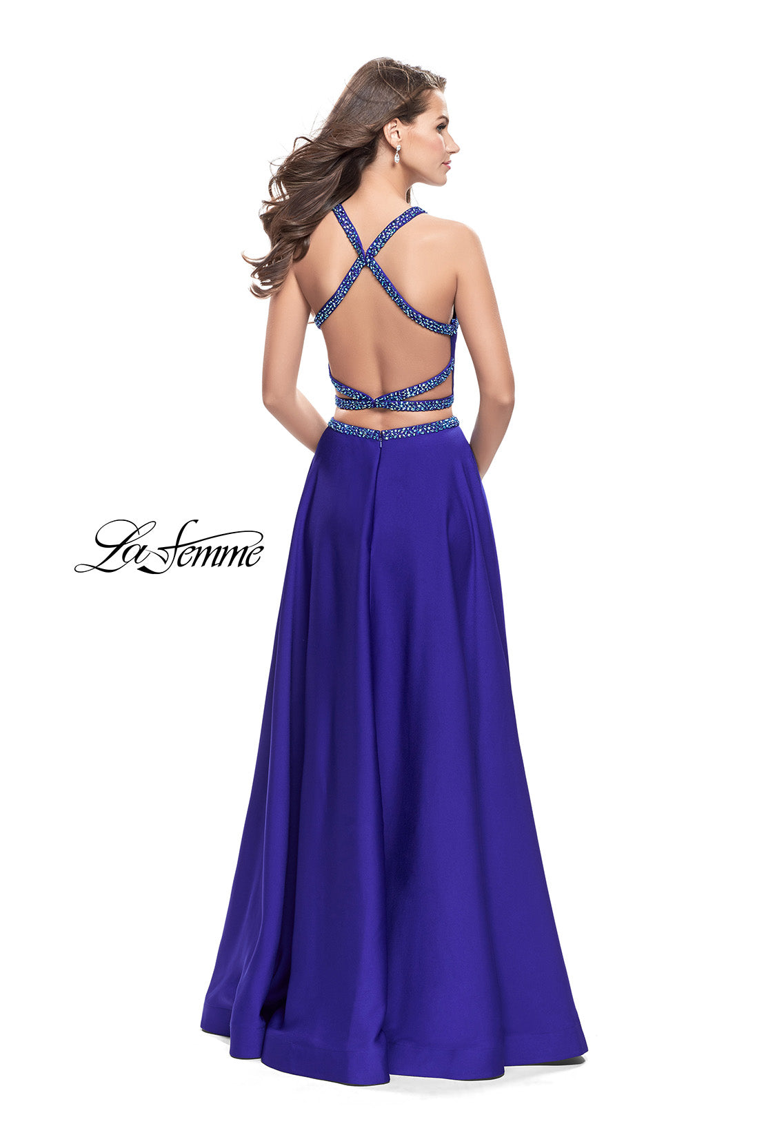 Picture of: Satin Two Piece Prom Dress with Beaded Trim in Sapphire Blue, Style: 25978, Back Picture