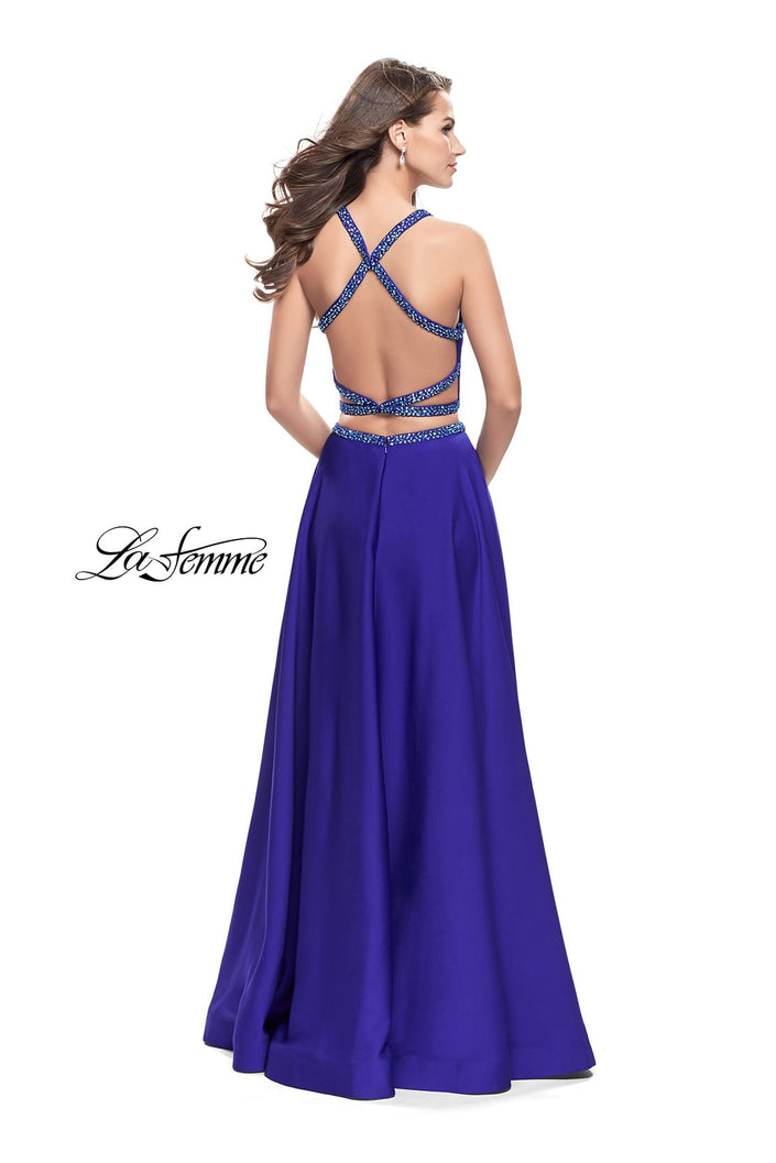 Picture of: Satin Two Piece Prom Dress with Beaded Trim in Sapphire Blue, Style: 25978, Back Picture