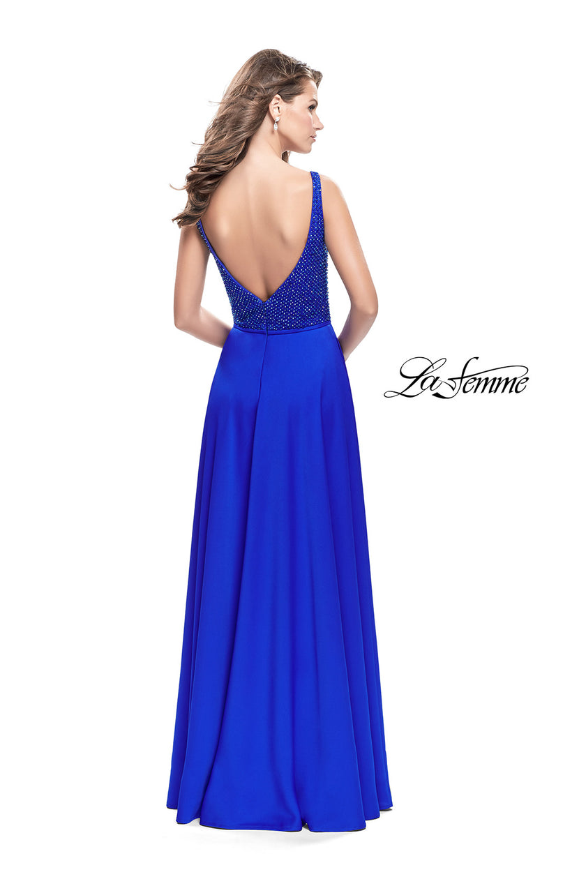 Picture of: Long Satin Prom Gown with Beaded Bodice and V Back in Sapphire Blue, Style: 26275, Back Picture