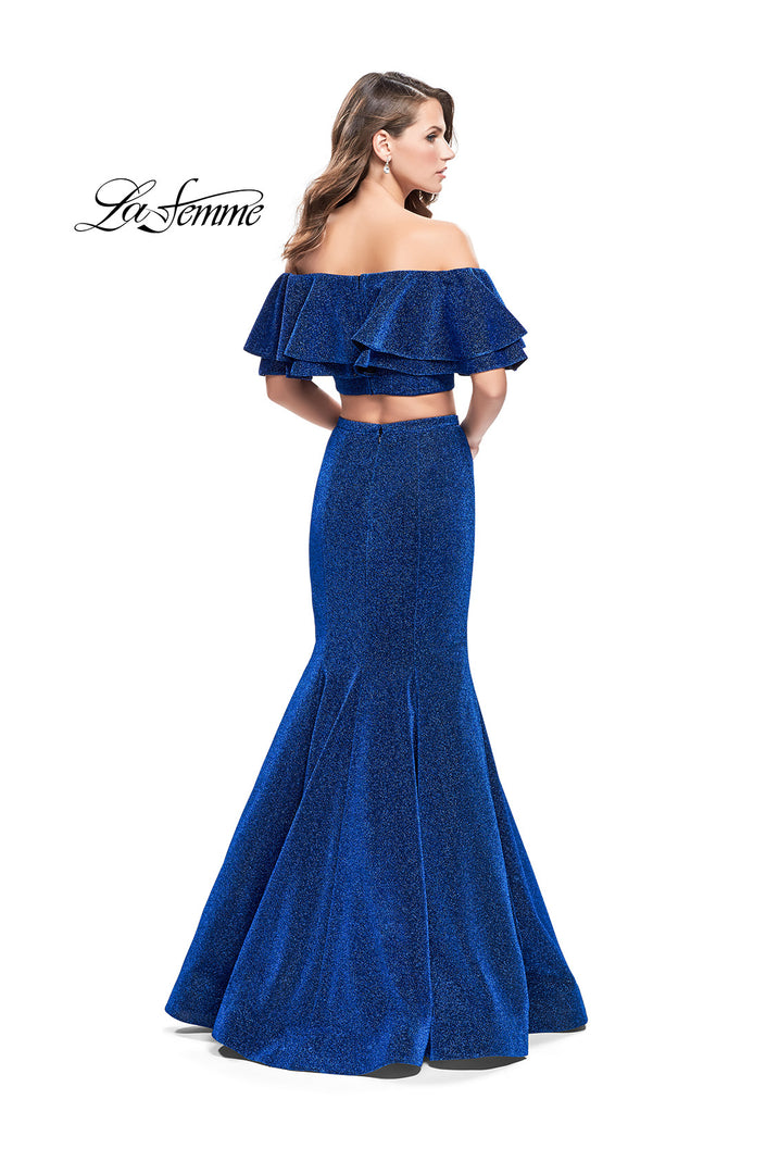 Picture of: Long Sparkling Off the Shoulder Jersey Prom Dress in Sapphire Blue, Style: 26324, Back Picture