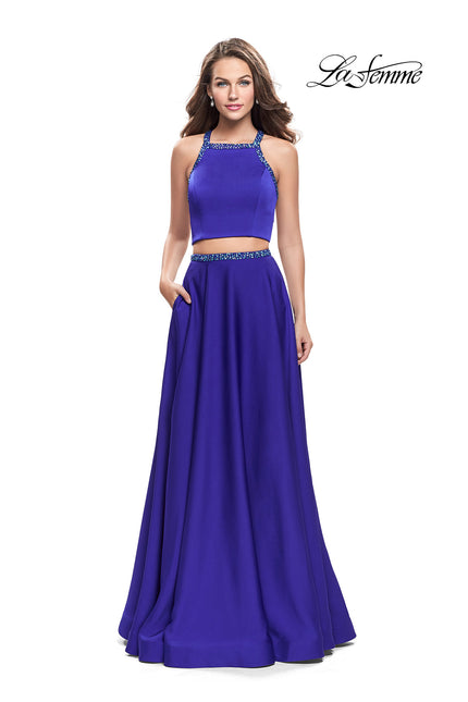Picture of: Satin Two Piece Prom Dress with Beaded Trim in Sapphire Blue, Style: 25978, Detail Picture 1