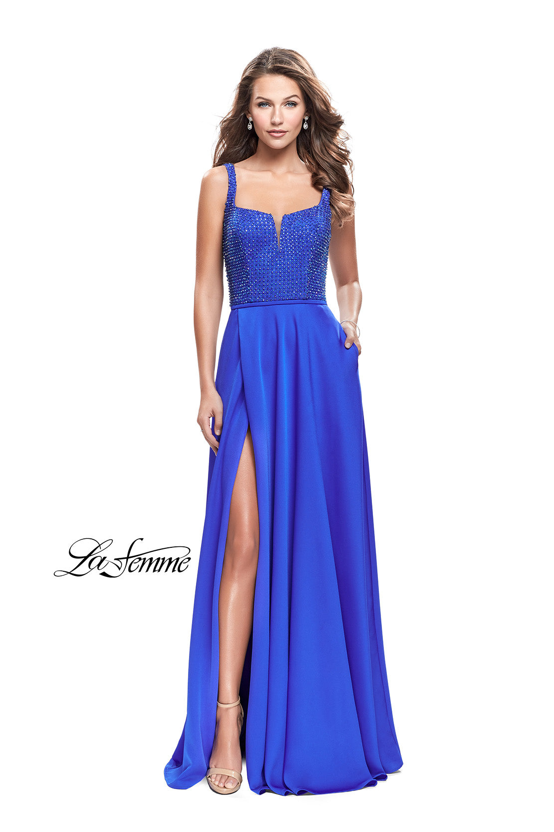 Picture of: Long Satin Prom Gown with Beaded Bodice and V Back in Sapphire Blue, Style: 26275, Detail Picture 1
