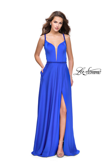 Picture of: A-line Satin Prom Dress with Wrap Side Leg Slit in Sapphire Blue, Style: 26329, Detail Picture 1