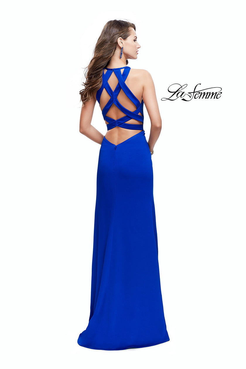 Picture of: High Neck Satin Gown with Leg Slit and Strappy Back in Sapphire Blue, Style: 25962, Detail Picture 5