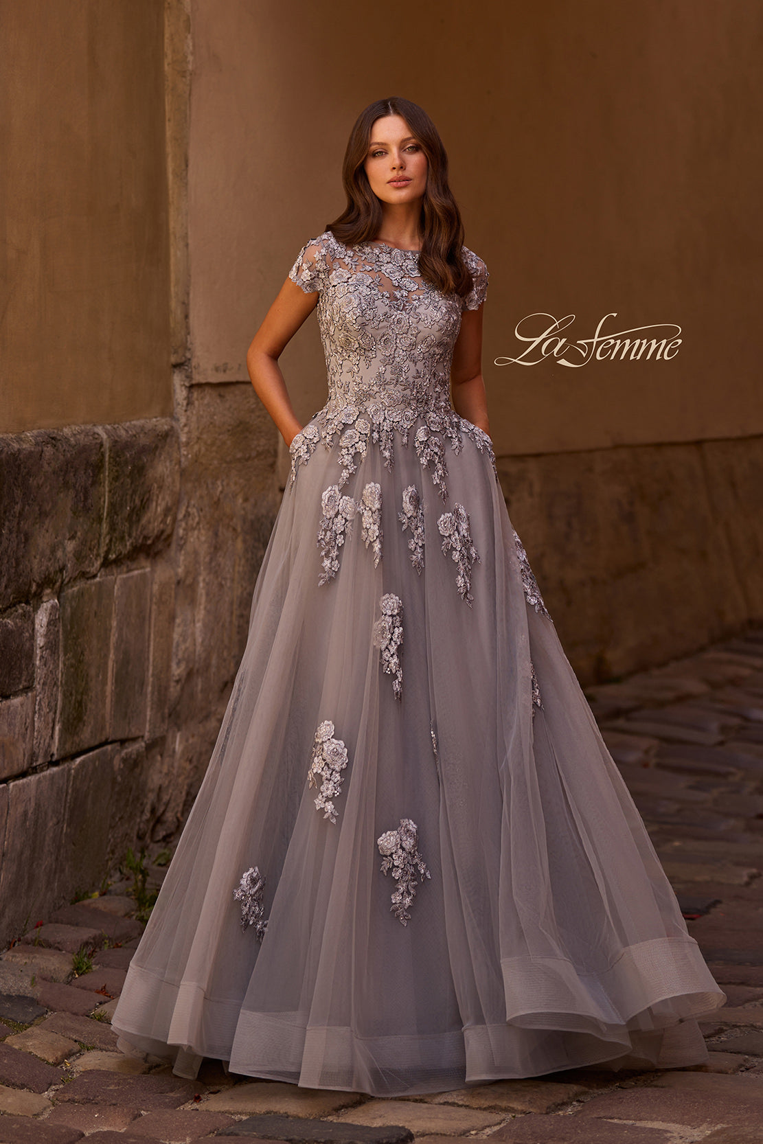Picture of: Long Tulle Gown with Intricate Lace Detailing, Style: 26907, Main Picture