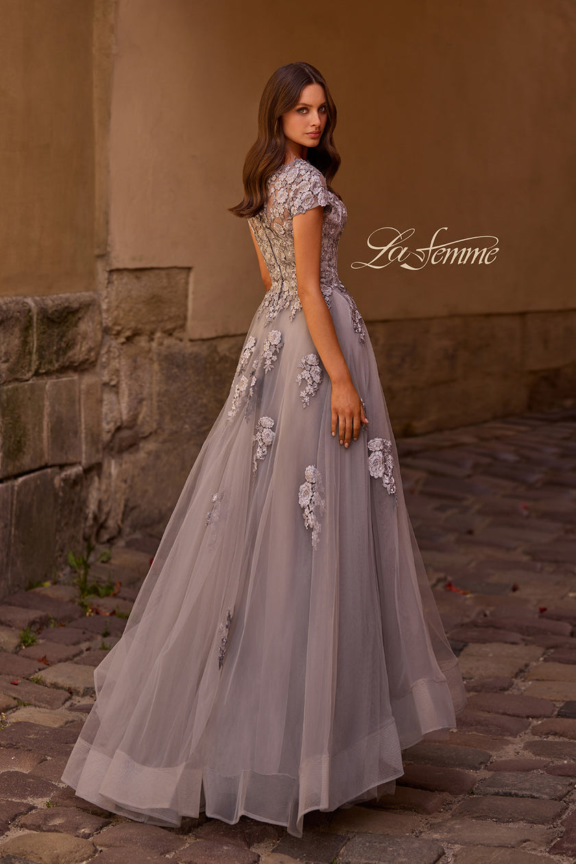 Picture of: Long Tulle Gown with Intricate Lace Detailing, Style: 26907, Back Picture