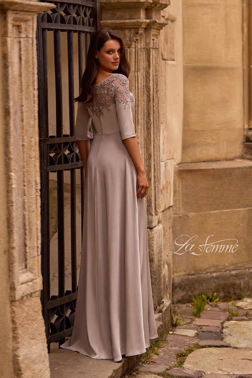 Picture of: Jersey Mother of the Bride Gown with Lace Neckline, Style: 29227, Back Picture