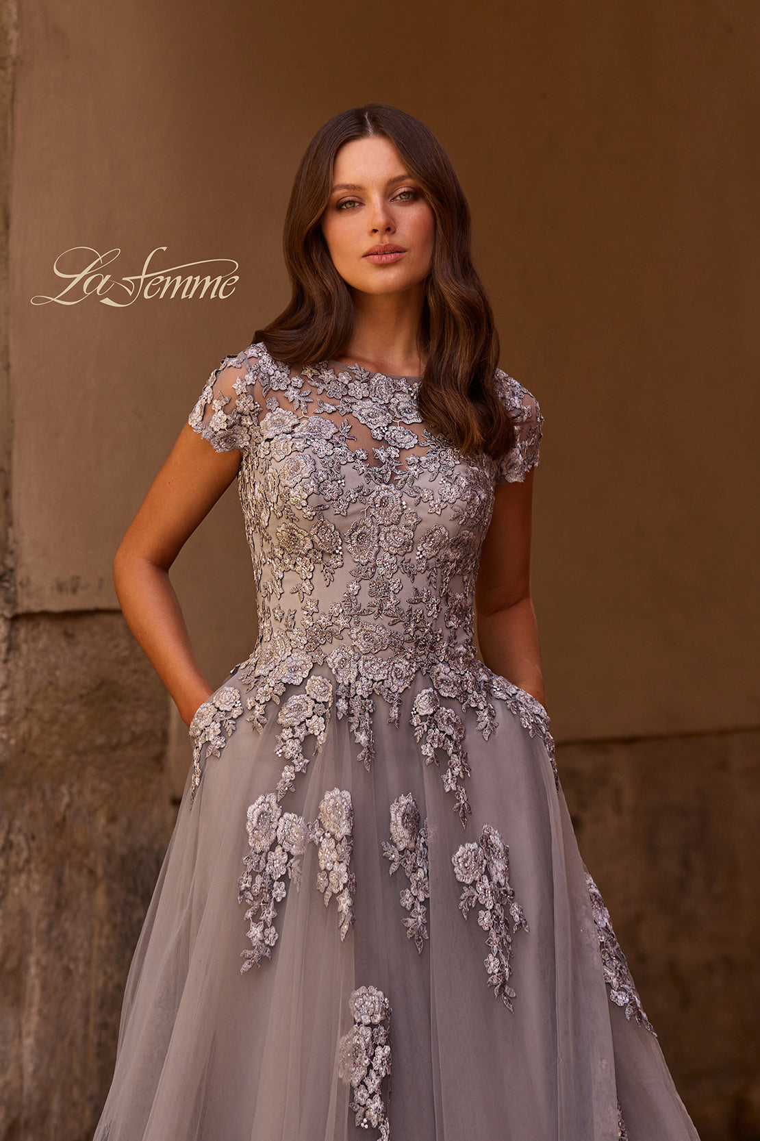Picture of: Long Tulle Gown with Intricate Lace Detailing, Style: 26907, Detail Picture 1