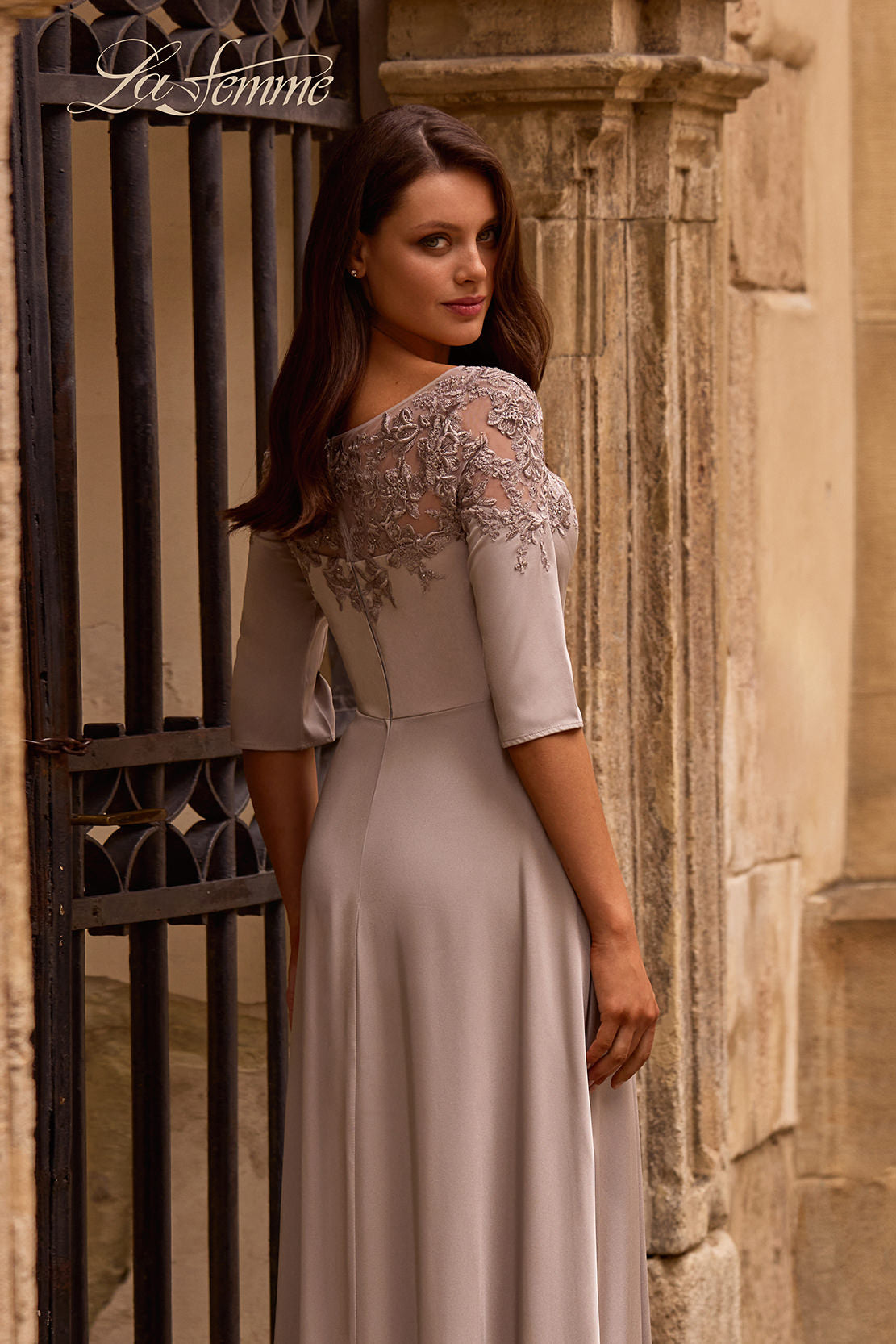 Picture of: Jersey Mother of the Bride Gown with Lace Neckline, Style: 29227, Detail Picture 2