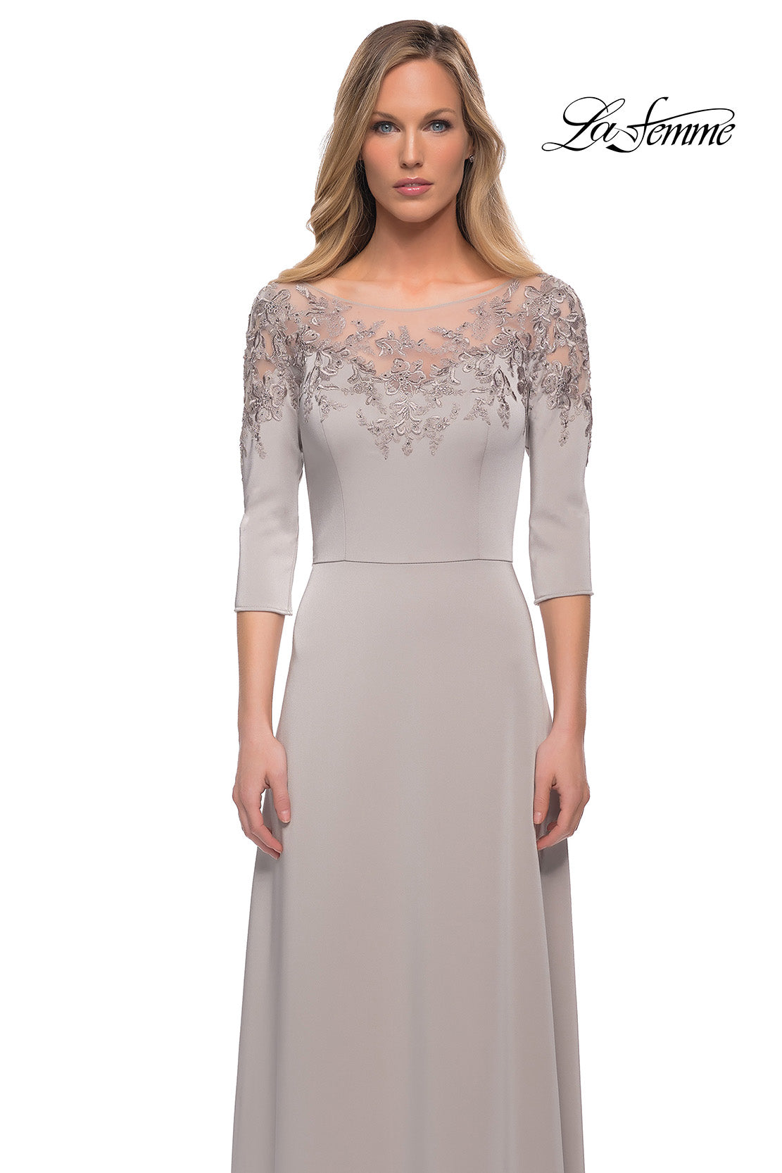 Picture of: Jersey Mother of the Bride Gown with Lace Neckline, Style: 29227, Detail Picture 7