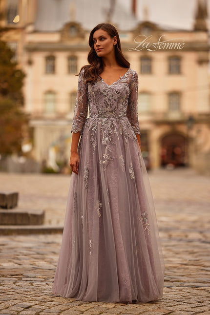 Picture of: Two Tone Lace Applique Tulle A-line Gown with Illusion Sleeves in Silver Mauve, Style: 31717, Main Picture