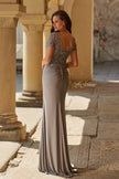 Picture of: Beaded Lace Illusion Bodice Evening Gown in Silver, Style: 33332, Back Picture