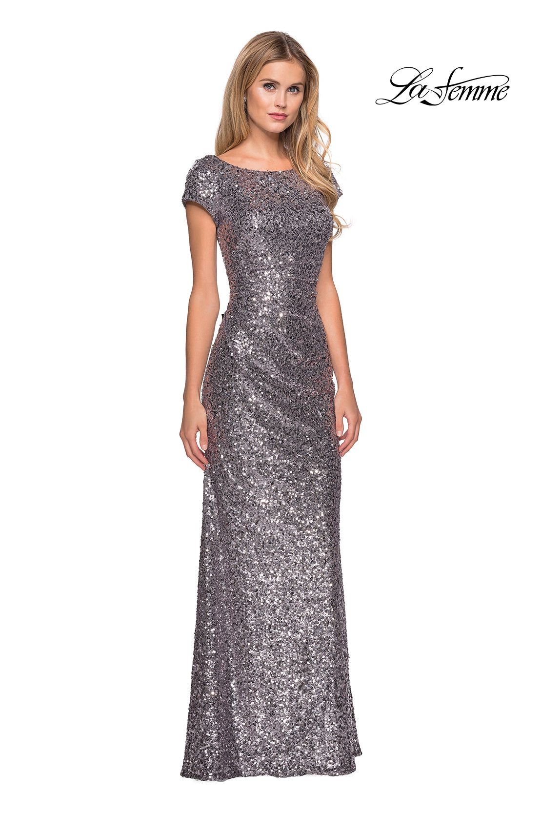 Picture of: Fully Sequined Long Dress with Short Sleeves in Silver, Style: 27079, Main Picture
