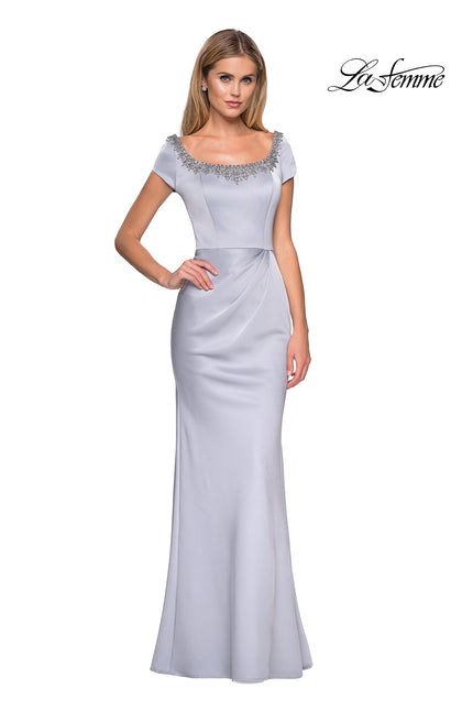 Picture of: Long Satin Gown with Embellished Square Neckline in Silver, Style: 27244, Main Picture