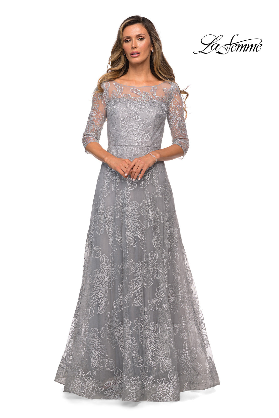 Picture of: A-line Lace Sequin Gown with Sheer Scoop Neckline in Silver, Style: 27942, Main Picture