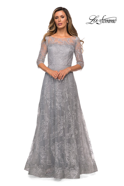 Picture of: A-line Lace Sequin Gown with Sheer Scoop Neckline in Silver, Style: 27942, Main Picture