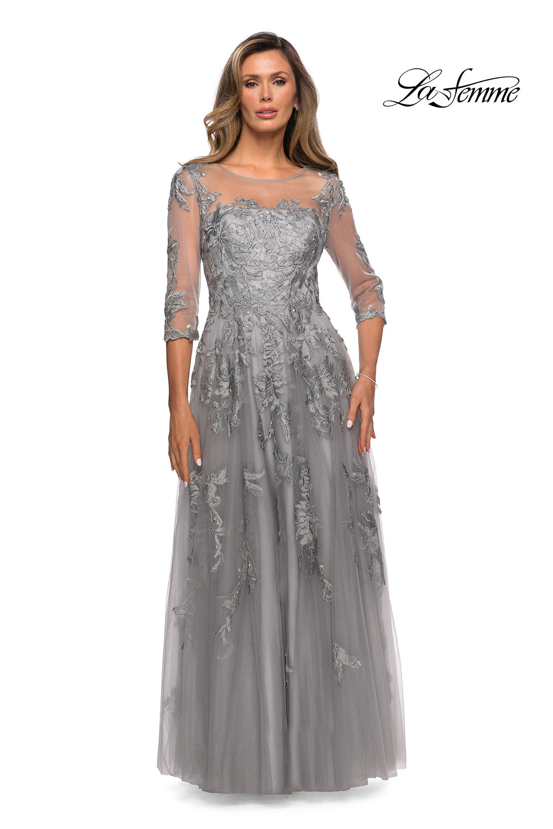 Picture of: A-line Evening Gown with Floral Embellishments in Silver, Style: 27944, Main Picture