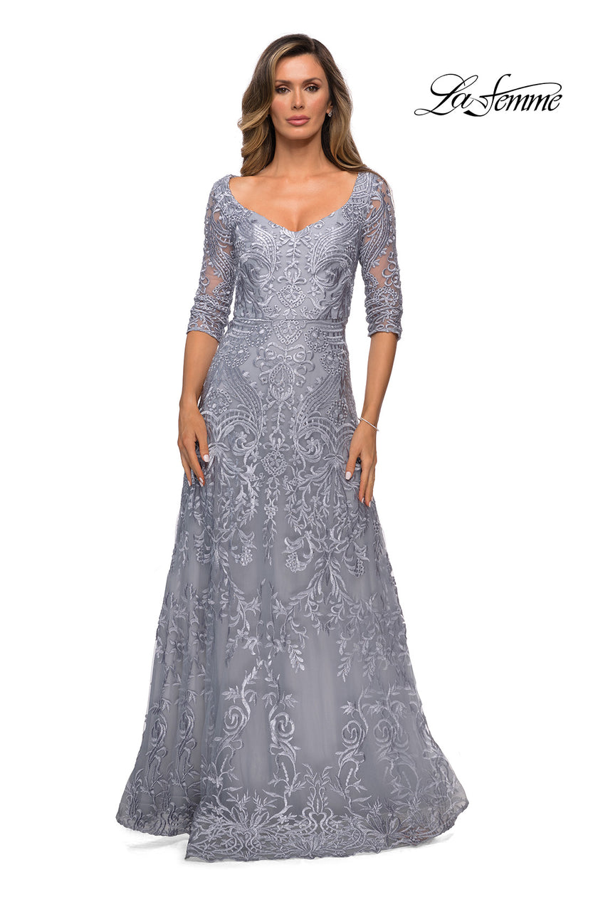 Picture of: Embroidered Lace Gown with V Neckline and Flare Skirt in Silver, Style: 27949, Main Picture