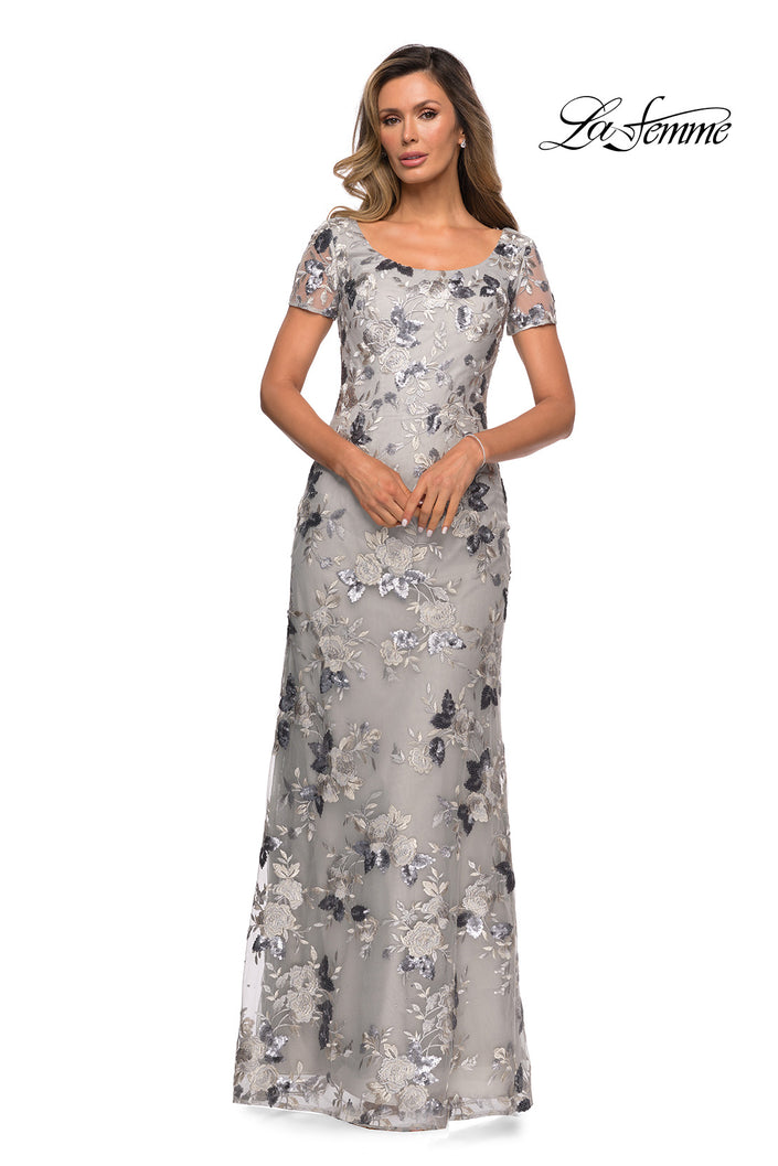 Picture of: Floral Short Sleeve Formal Dress with Scoop Neck in Silver, Style: 27991, Main Picture