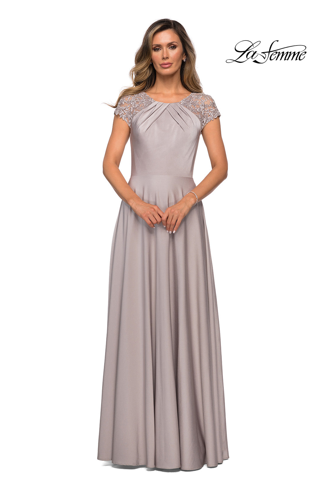 Picture of: Long Satin Dress with Sheer Floral Lace Cap Sleeves in Silver, Style: 28100, Main Picture