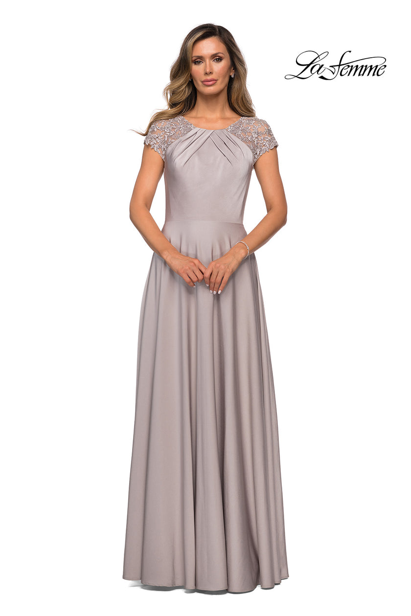 Picture of: Long Satin Dress with Sheer Floral Lace Cap Sleeves in Silver, Style: 28100, Main Picture