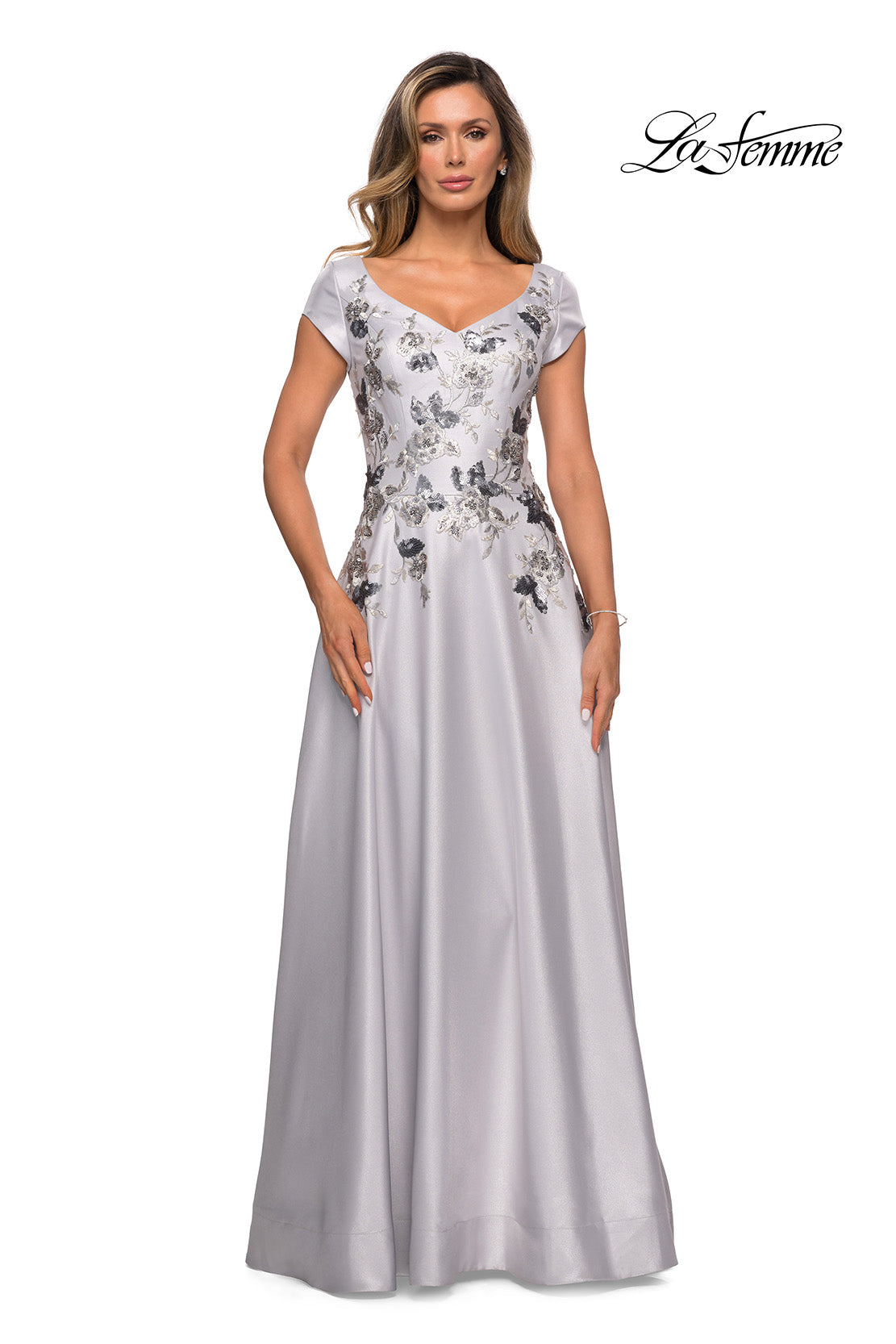 Picture of: Modern A-line Gown with Floral Bodice and Cap Sleeves in Silver, Style: 28105, Main Picture