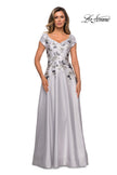 Picture of: Modern A-line Gown with Floral Bodice and Cap Sleeves in Silver, Style: 28105, Main Picture