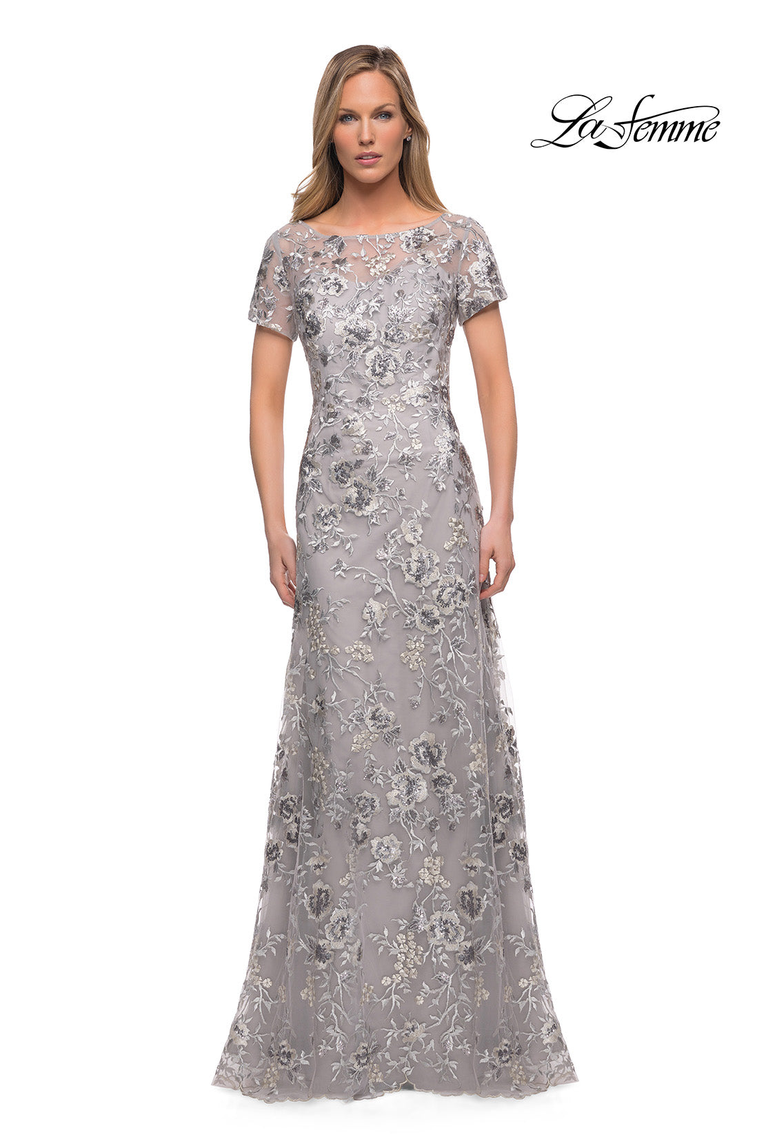 Picture of: Silver Lace and Sequin Long Gown with Short Sleeves in Silver, Main Picture