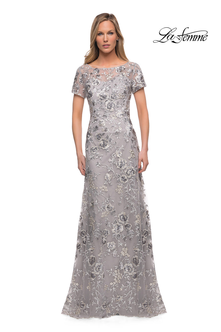 Picture of: Silver Lace and Sequin Long Gown with Short Sleeves in Silver, Main Picture