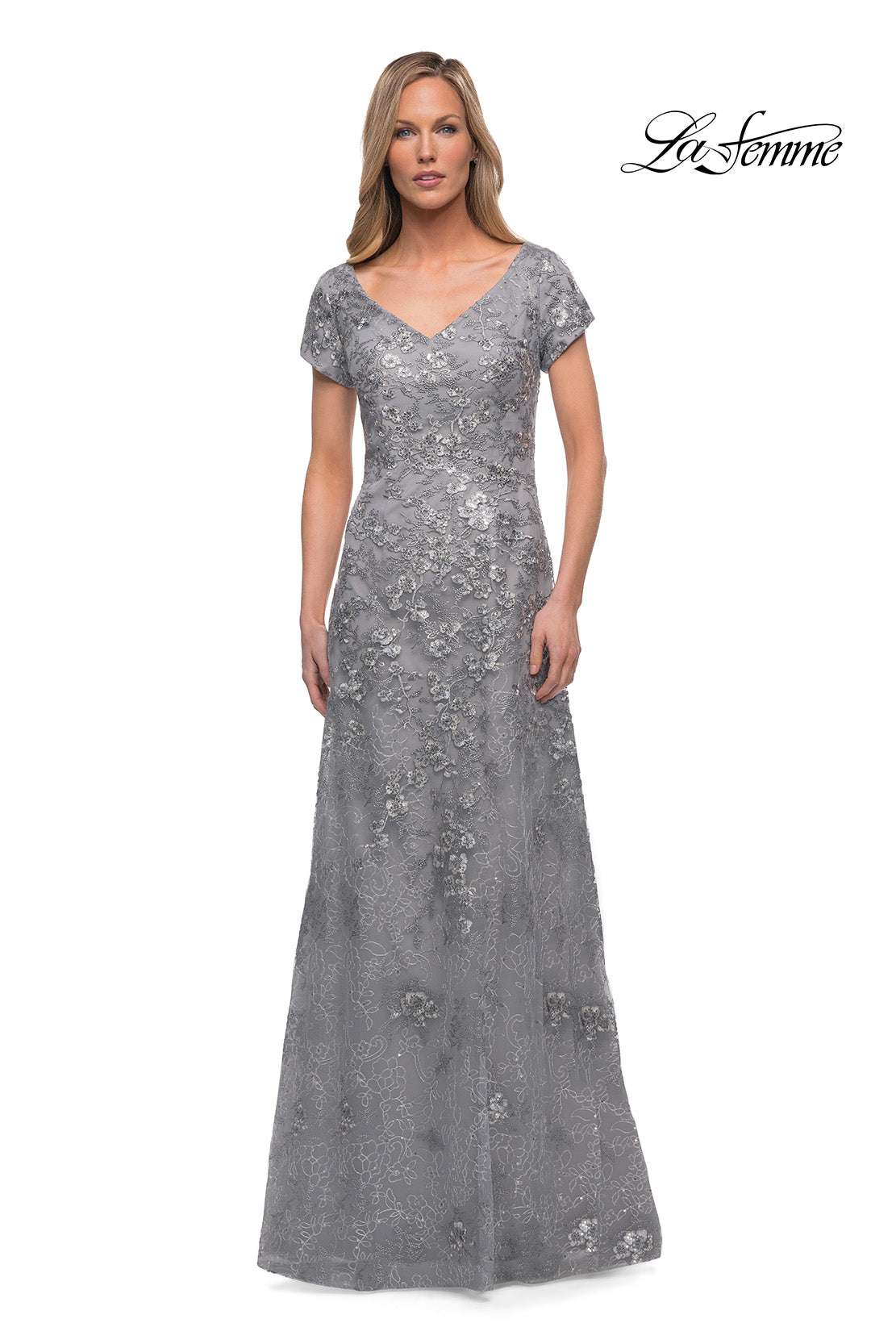 Picture of: Long Lace Mother of the Bride Gown with V Neckline in Silver, Main Picture
