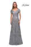Picture of: Long Lace Mother of the Bride Gown with V Neckline in Silver, Main Picture