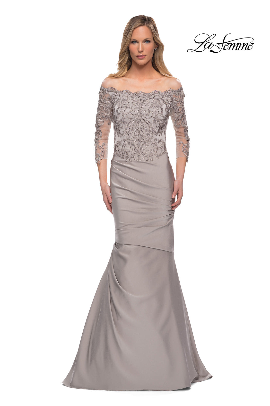 Picture of: Satin Mermaid Gown with Off the Shoulder Lace Bodice in Silver, Main Picture