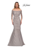 Picture of: Satin Mermaid Gown with Off the Shoulder Lace Bodice in Silver, Main Picture