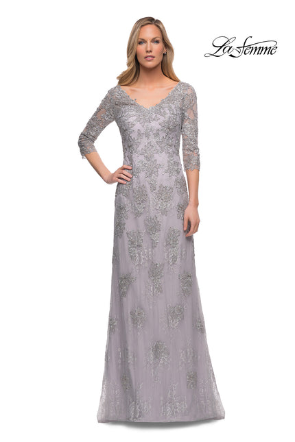Picture of: Column Lace Mother of the Bride Dress with V Neckline in Silver, Main Picture