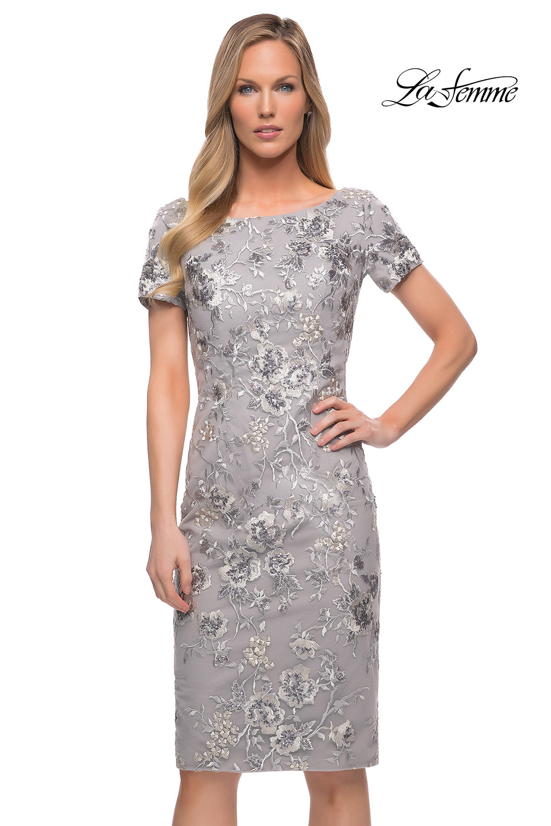 Picture of: Short Sleeve Below the Knee Dress with High Neckline in Silver, Main Picture