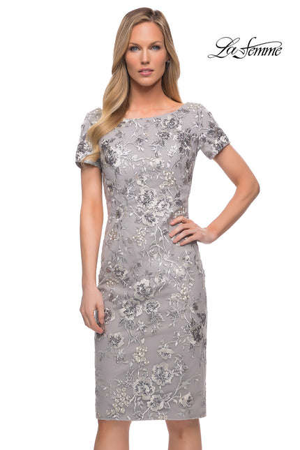 Picture of: Short Sleeve Below the Knee Dress with High Neckline in Silver, Main Picture