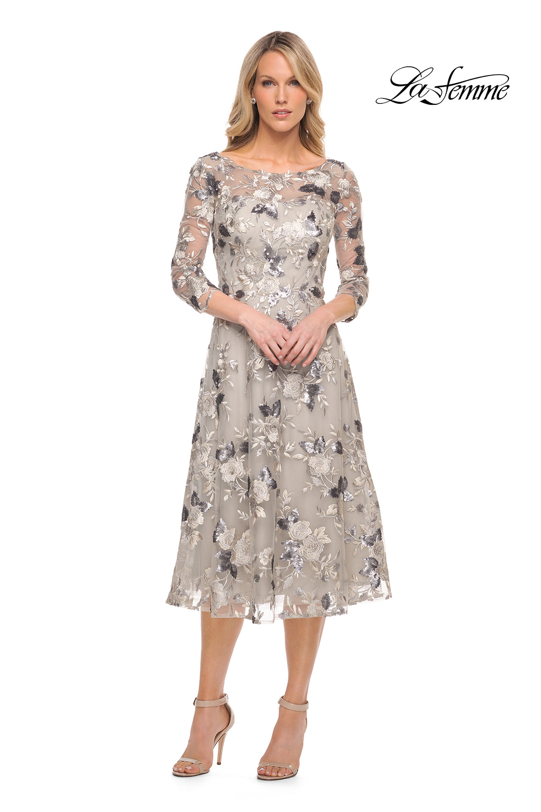 Picture of: Tea Length Lace and Sequin Embellished Dress in Silver, Style: 29988, Main Picture