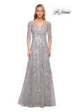 Picture of: Long Lace Evening Dress with V Neckline and Sleeves in Silver, Style: 29989, Main Picture