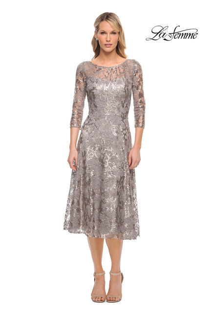 Picture of: Lace Metallic Tea Length Dress with Three-Quarter Sleeves in Silver, Style: 29993, Main Picture