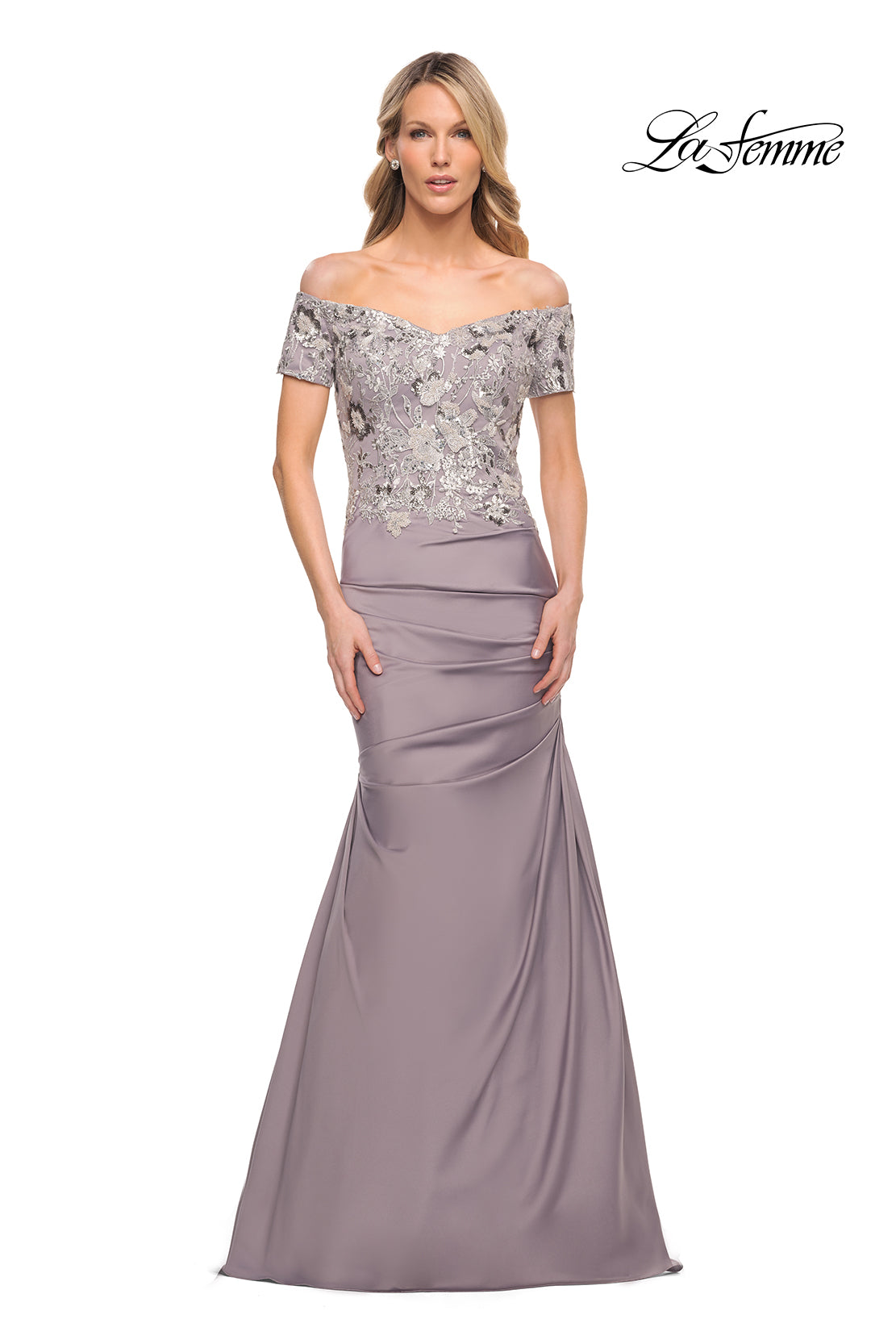 Picture of: Off the Shoulder Satin and Lace Beaded Mermaid Gown in Silver, Style: 30045, Main Picture